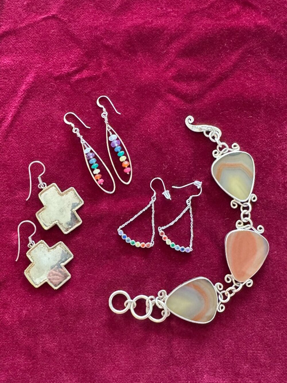 Sterling Silver Jewelry 925, 3 pairs earrings and bracelet Rainbow-inspired